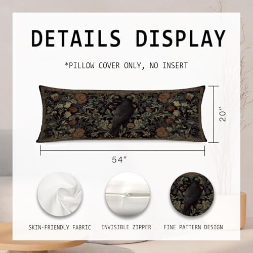 Gothic Moody Floral Raven 20x54 Body Pillow Cover, Dark Academia Room Decor - Image 3