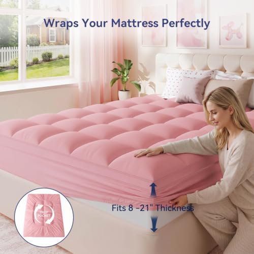 ELEMUSE Twin Pink Mattress Topper, Thick Pillow Top Mattress Pad - Image 4