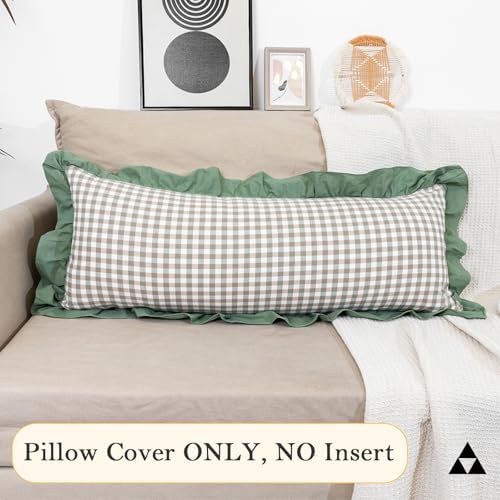 JoraLion Ruffled Lumbar Pillow Cover 14x36 Gingham Green - Image 6