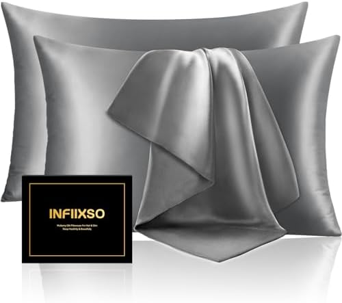 INFIIXSO Silk Pillow Cases 2 Pack, Standard Size, Hidden Zipper, Dark Grey by INFIIXSO