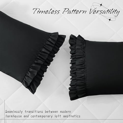 Vonty Black Ruffled Pillow Cases Set of 2, Standard Size, 20x26 Inch - Image 2
