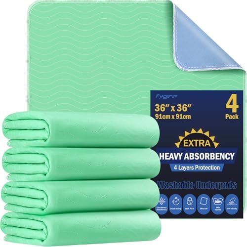 Fygrip 4 Pack 36” x 36” Extra Heavy Absorbency Washable Underpads Bed Pads by Fygrip