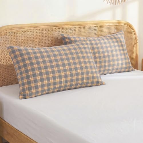Merryword 100% Cotton Pillow Cases, Queen Size, Washed Cotton Deep Blue Plaid - Image 3