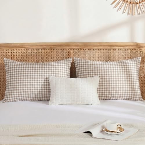 Merryword 100% Cotton Pillow Cases, King Size, Taupe Gingham Pillowcases - Image 4