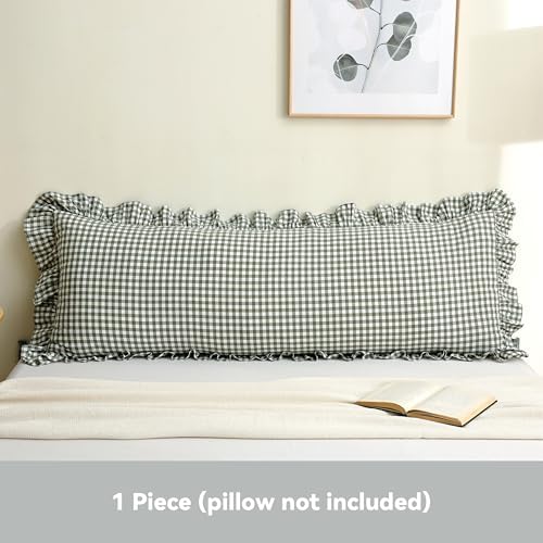 Sage Green Gingham Body Pillow Cover 20x54, Ruffled Cotton Sham - Image 2
