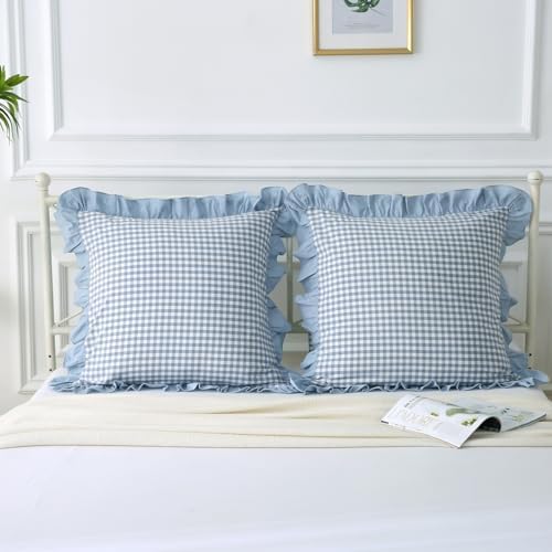 Mywinlle Dusty Blue Plaid Ruffle Gingham Throw Pillow Covers 20"x20" - Image 3