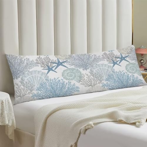 Beach Theme Body Pillow Cover, Nautical Blue Coral Starfish Ocean Marine Coastal - Image 2