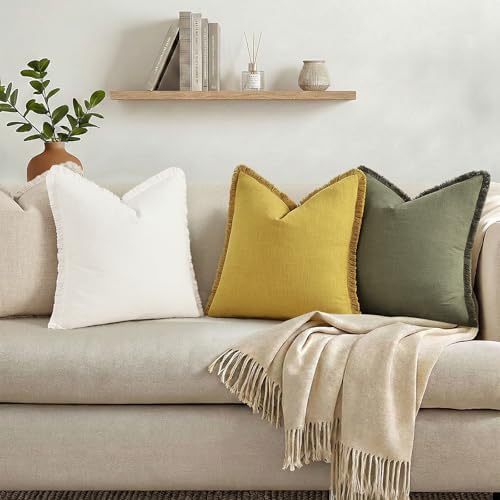 decorUhome Linen Fringe Mustard Yellow Throw Pillow Covers 26x26 Set of 2 - Image 6