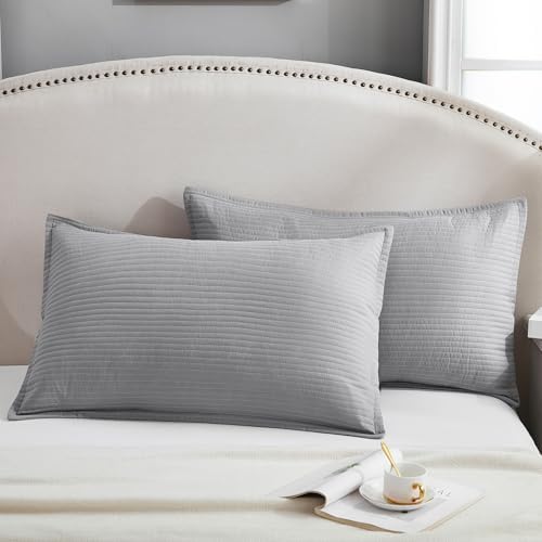 Stripe Quilted Pillowcases Set of 2, King Size Envelope Pillow Covers Soft - Image 2