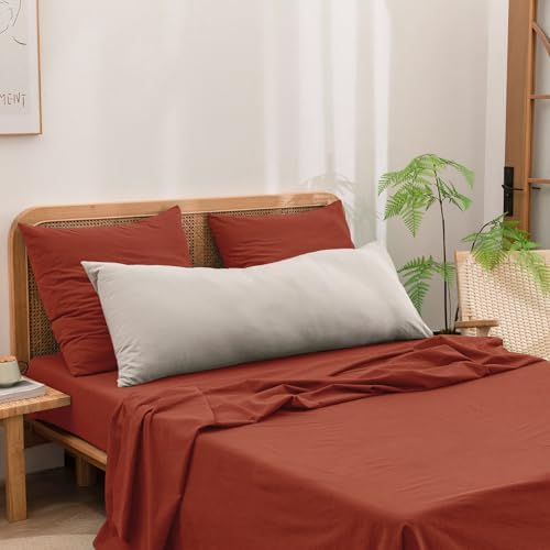 BESTOUCH Washed Cotton Pillowcases Linen Feel Burnt Brick Red Euro - Image 4
