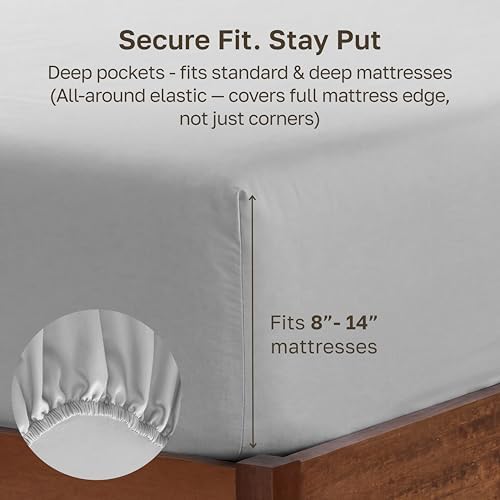 Soft Natural 100% Cotton Sateen Full Size Fitted Sheet, Light Grey - Image 4