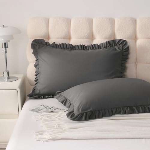 Ruffled King Pillow Shams, 2 Pack, 20x36 Inches, Dark Grey - Image 2
