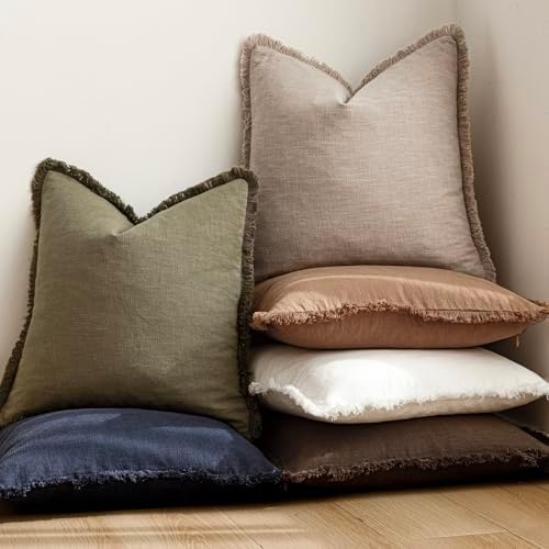 Foindtower Decorative Linen Fringe Throw Pillow Covers 20×20 Natural Linen - Image 6