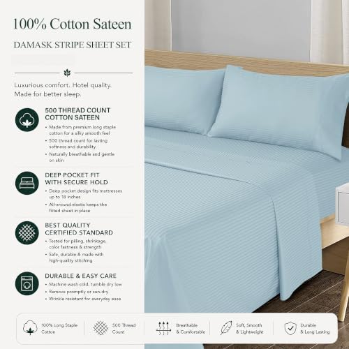 Feather & Stitch 100% Cotton Sateen 500 TC Full Size Bed Sheet Set - Image 6