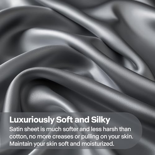 BEDELITE Satin Sheets Full Size Bed Set, Dark Grey, 4 Pieces - Image 3