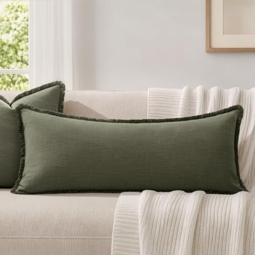MIULEE 14x36 Long Linen Fringe Lumbar Pillow Covers Set of 1 Olive Green - Image 7