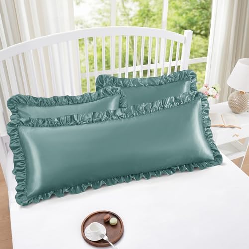 Homiest Sage Green Ruffle Satin Body Pillow Cover - Image 2