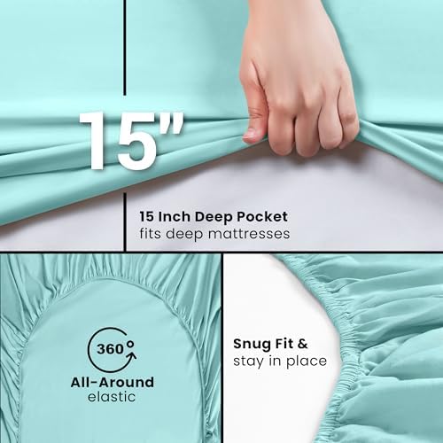 Twin Fitted Sheet, Ultra Soft Fits Up to 15 Inch Deep Pocket, Spa Blue - Image 3