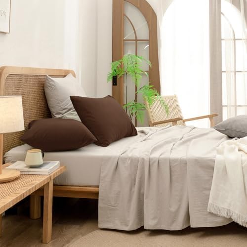 BESTOUCH Washed Cotton Pillowcases Linen Feel Cocoa Brown Standard - Image 5