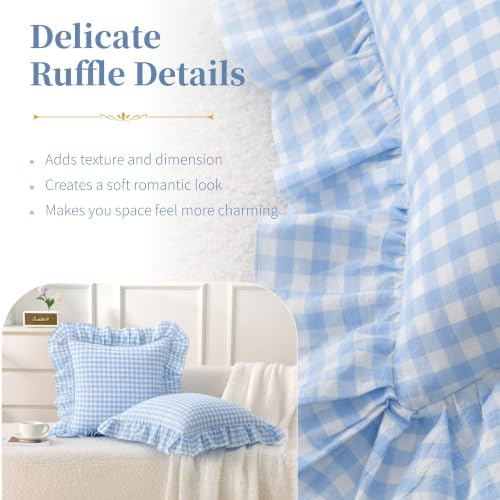 Gingham Throw Pillow Covers 18x18, Sky Blue, Ruffle Trim - Image 5