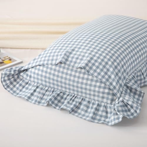 Silnuo Light Blue Plaid Gingham Ruffle Pillow Shams King Size Set of 2 - Image 5