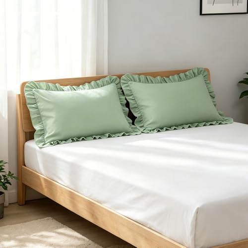 Ruffle Pillow Case Queen Size Set of 2, Light Green - Image 3