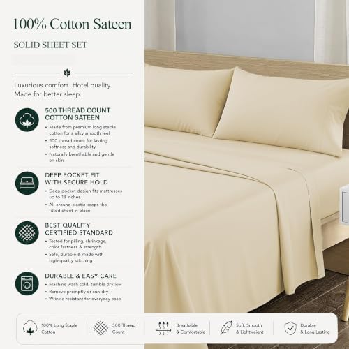 Feather & Stitch 100% Cotton Sateen 500 TC Cal King Size Bed Sheet Set - Image 6