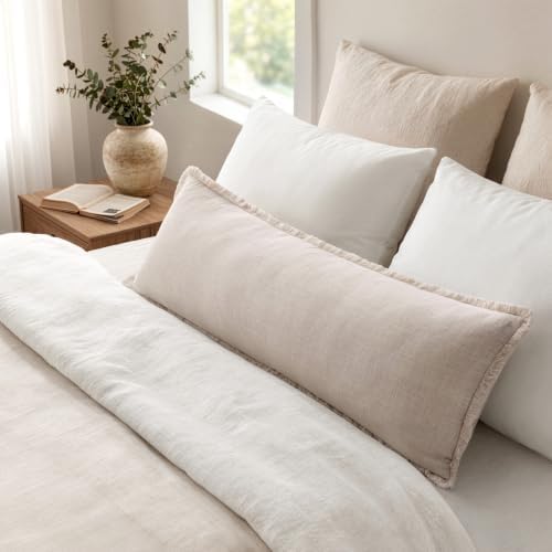 MIULEE 14x36 Long Linen Fringe Lumbar Pillow Covers Set of 1 Natural Beige - Image 6