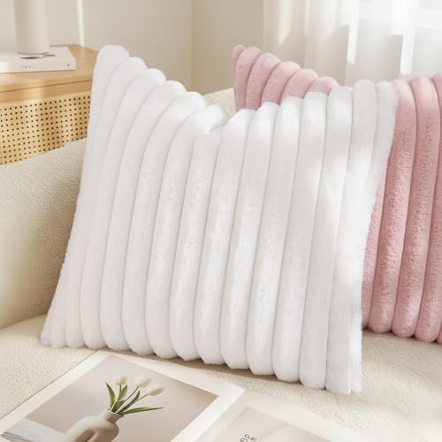 decorUhome Fall Faux Fur Throw Pillow Covers 16x16 Set of 2 White - Image 4