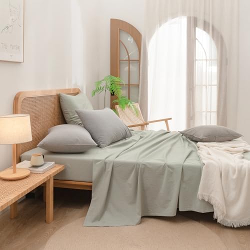 BESTOUCH Washed Cotton Pillowcases Linen Feel Light Grey King - Image 5