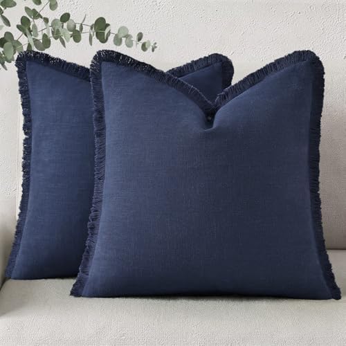 decorUhome Linen Fringe Navy Blue Throw Pillow Covers 20x20 Set of 2 by decorUhome