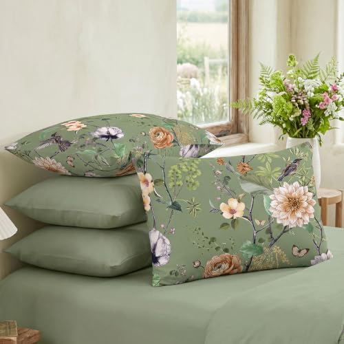Bedorm 100% Cotton Pillowcases Set of 2 Queen Size Green Floral Pillow Cover - Image 5