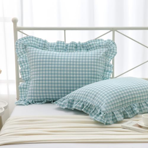 Mywinlle Dusty Blue Checkered Ruffle Bed Pillow Shams Standard Size 20"x26" by Mywinlle