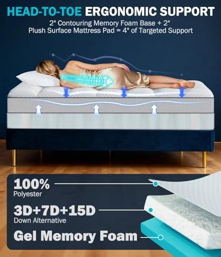 Queen 4 Inch Dual Layer Memory Foam Mattress Topper, Cooling Gel Pad - Image 6