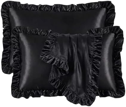 2 Pack Ruffle Satin Pillowcases King Size 20x36 inch Black by QJFabricCO