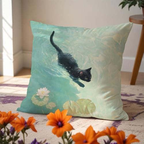 Black Cat Art Painting Throw Pillow Covers 18x18, Aesthetic Cats Decor Pillow - Image 5
