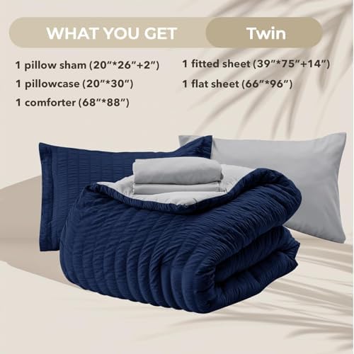 HYMOKEGE Navy Blue/Light Grey Twin Comforter Set Seersucker 5 Pieces, All - Image 6
