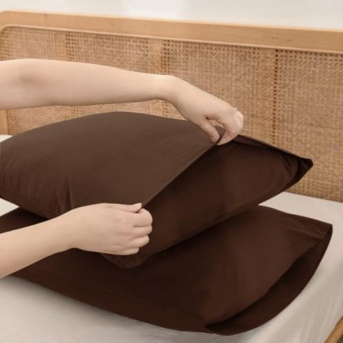 BESTOUCH Washed Cotton Pillowcases Linen Feel Cocoa Brown Queen - Image 4