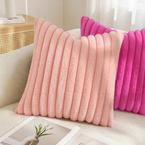decorUhome Fall Faux Fur Throw Pillow Covers 18x18 Set of 2 Hot Pink - Image 4