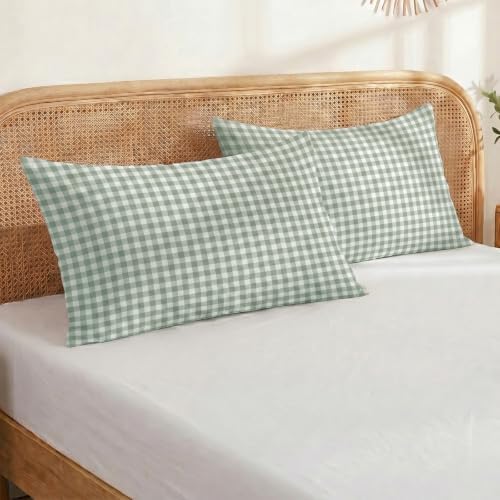 Merryword 100% Cotton Pillow Cases, Queen Size, Sage Gingham Pillowcases - Image 3