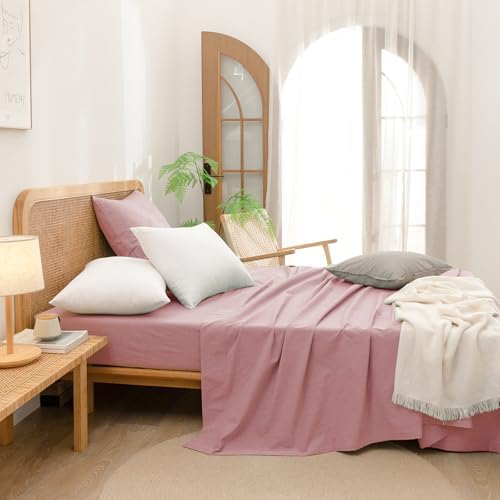 BESTOUCH Washed Cotton Pillowcases Linen Feel Red Pink Euro - Image 5