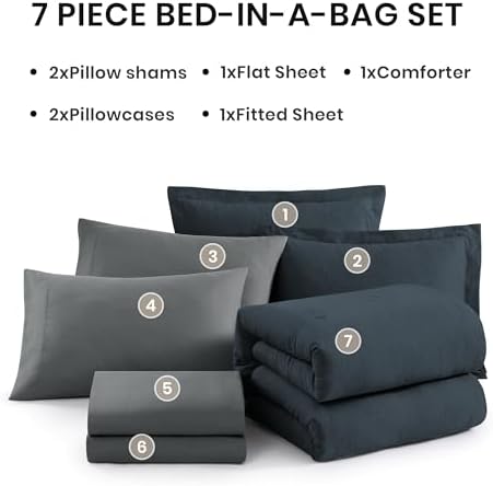 Monbix Full Comforter Set 7 Pieces Navy Blue Cationic Dyeing Bed in a Bag - Image 7