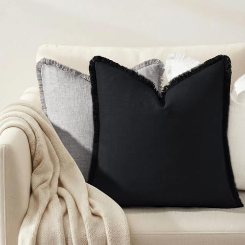 decorUhome Linen Fringe Black Throw Pillow Covers 22x22 Set of 2 - Image 4