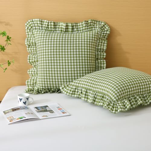 Silnuo Olive Green/White Gingham Plaid Ruffle Throw Pillow Covers 20"x20" by Silnuo