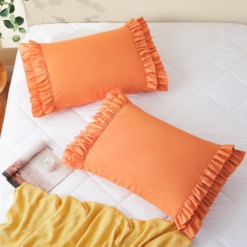 Vonty Burnt Orange Ruffled Pillow Cases Set of 2, Body Size, 20x54 Inch - Image 3