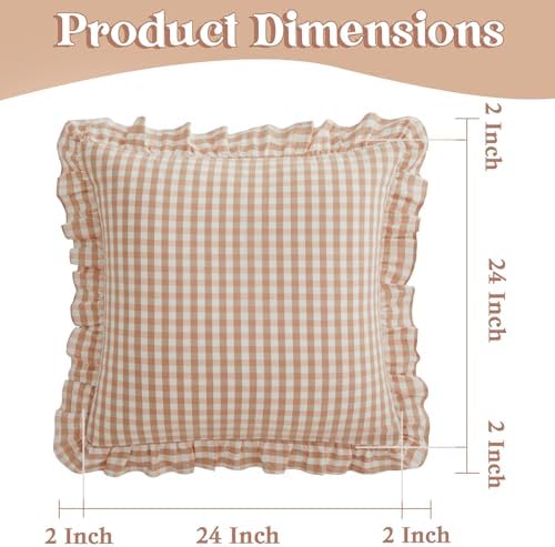 KKJIAF 2 Pcs Ruffle Gingham Pillow Covers 24" x 24", Light Pink Plaid - Image 2