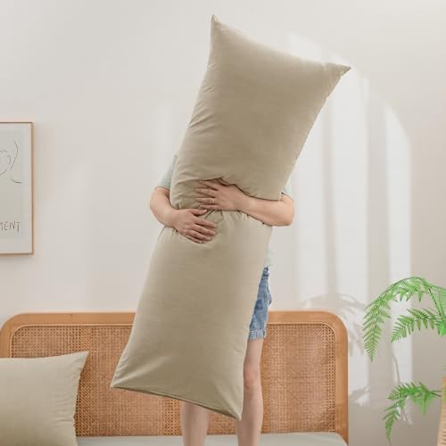 BESTOUCH Washed Cotton Pillowcases Linen Feel Almond Milk Grey Body - Image 5
