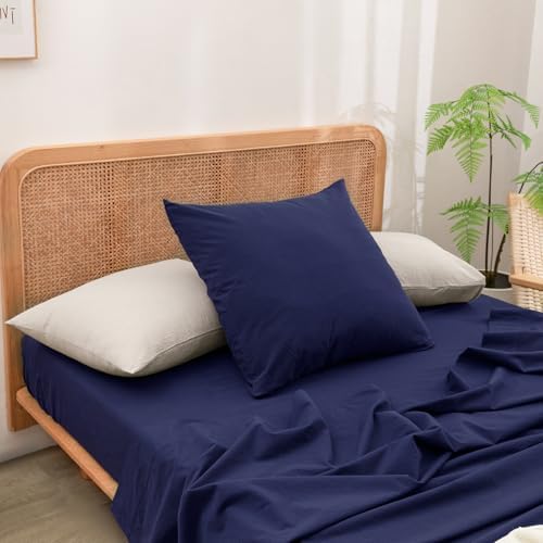 BESTOUCH Washed Cotton Pillowcases Linen Feel Navy Blue Euro by BESTOUCH
