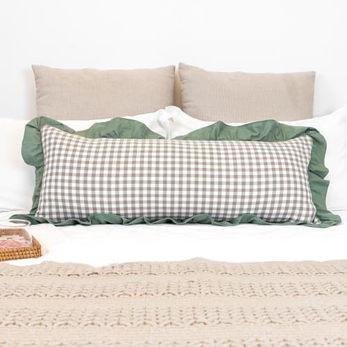 JoraLion Ruffled Lumbar Pillow Cover 14x36 Gingham Green by JoraLion