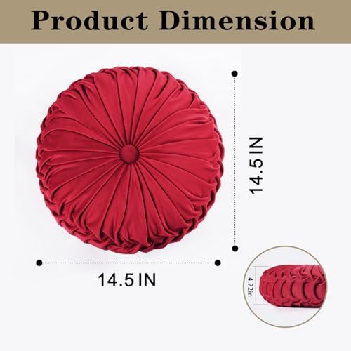 HIG Set of 2 Red Velvet Decorative Round Pleated Throw Pillows - Image 6
